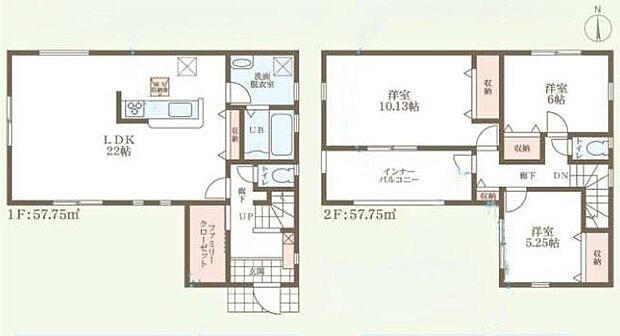 【3LDK】22帖の広々ＬＤＫ♪会話が弾むカウンターキッチン♪
玄関すぐ横に、収納力豊富なファミリークローゼットを設置♪洋服や小物類だけでなく、大きな物も収納可能♪
廊下＆居室の2方向から行けるインナーバルコニー♪