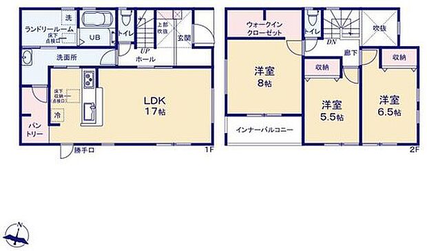 【3LDK】○まとめ買いしても置き場所の心配無し♪広々キッチンパントリー♪
○増えがちな衣類やバッグなどを効率よく収納できます♪８帖洋室にウォークインクローゼット♪
○急な雨にも安心なインナーバルコニー♪