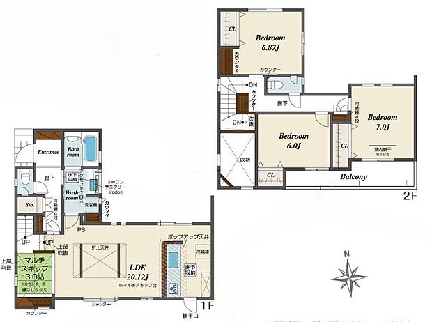 【3LDK】◇開放感溢れる折上天井採用のLDKは、広々20.12帖♪
◇小上がりの「縁なしタタミ」の空間は吹き抜けで、明るく開放的です♪
家事の休憩時やお子様のお昼寝時などに活躍します♪
◇2部屋から出られるバルコニー♪
