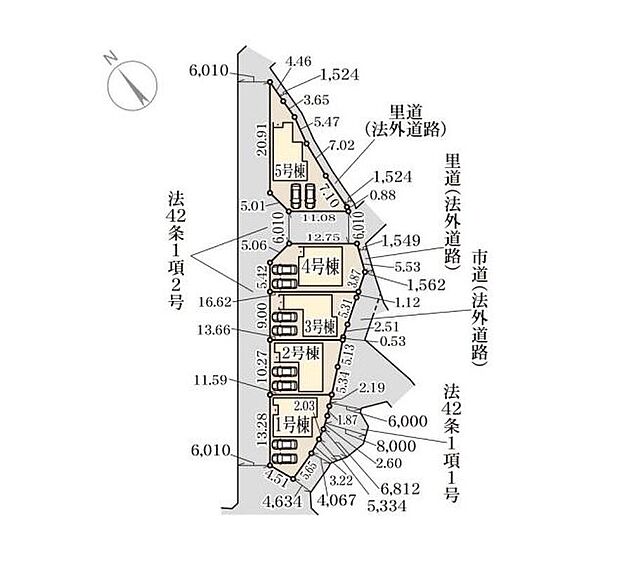 【【全体区画図】】今なら選べる全5通りの多彩な間取り♪カースペース2台分ご用意ございますので、ご家族分の自転車を駐輪したり、ご来客用の駐車スペースとしてもお使いいただけます♪