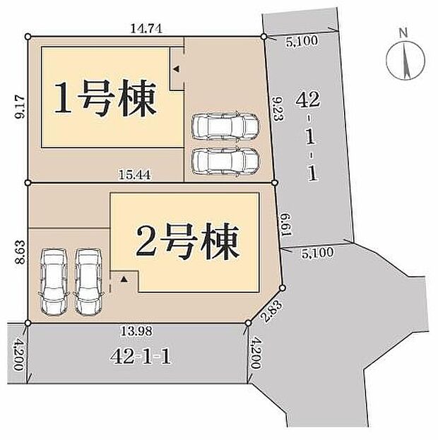 【全体区画図】カースペース2台分ございますので、家族分の自転車を駐輪したり、来客用の駐車スペースとしてもお使いいただけます♪空いたスペースには、花や緑で彩るガーデニングもオススメです♪