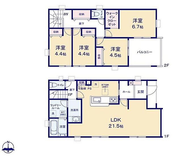 【4LDK】○LDKは21.5帖♪家族のコミュニケーションを重視した対面式キッチン・リビングイン階段プランです♪
○２階は４部屋♪主寝室にWIC＆全居室収納付き♪○2部屋から出られるバルコニー♪