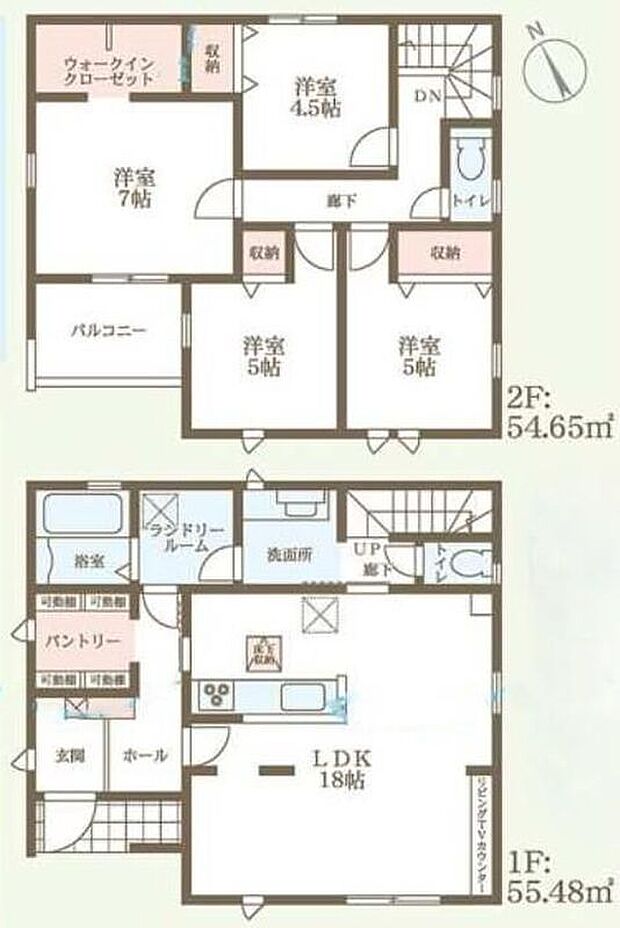 【4LDK】○家族のコミュニケーションを重視した対面式キッチン・リビングイン階段プランです♪○パントリーは4つの可動棚付きで、飲料水や食料品の置き場所に最適です♪○主寝室に広々WIC・全居室に収納付き♪