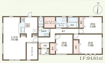 ○平屋のお住まい♪○ファミリークローゼット＆全居室収納付き♪○お天気を気にせず洗濯物が干せるのが大きな魅力！サンルーム付きのプランです♪ 