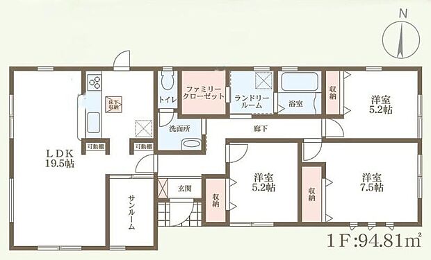 【3LDK】○平屋のお住まい♪○ファミリークローゼット&全居室収納付き♪○お天気を気にせず洗濯物が干せるのが大きな魅力!サンルーム付きのプランです♪