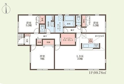 〇動線の良い平屋住宅♪〇ランドリールームでは、洗濯に関する家事を一ヵ所で行うことができます。キッチンとの動線も近く、家事効率の良いプラン♪〇廊下にはファミリークローゼットを完備♪ 