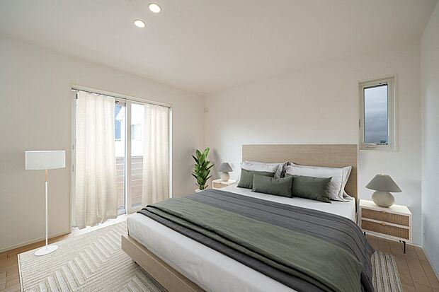 【寝室】■3号地主寝室　約10.1帖（ワークスペース含む）の主寝室です。ベッドを置いてもゆとりがある広さです。ワークスペースもついており、お仕事や趣味など様々なことに活用できます。※CG合成で家具設置