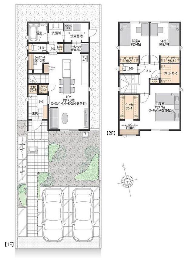 【3LDK】南向きリビングに、使い勝手の良いセパレートキッチンとキッチンクロークを配置。1階にはおでかけクローク、2階にはファミリークロークを備えた収納充実の間取りです。