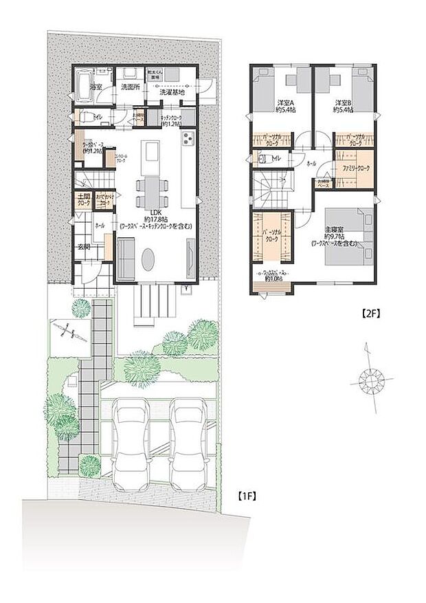 【3LDK】駐車2台可能で来客時も安心。2面採光のLDKは明るく開放的で、カウンターキッチンが家族の会話を育みます。主寝室には大容量のパーソナルクロークを備え、収納も豊富な設計です。