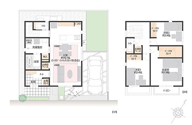 【3LDK】約16.1帖のLDK。LDには床暖房が備えられています。パーソナルクローク、土間クロークなどの収納があります。1台駐車可能(車種による)