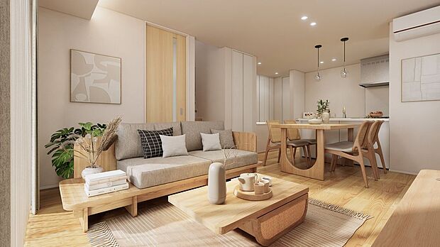 【完成予想図（内観）】■１号地リビング（パース）　リビング・ダイニング・キッチンがひとまとまりとなった間取で、家族のつながりを感じやすい設計。調理中もご家族とのコミュニケーションが自然と生まれるような空間です。