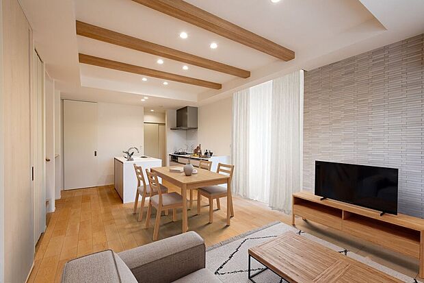 ■1号地リビングLDK(ワークスペース・キッチンクローク含む)は約17.8帖。天井の化粧梁と木目調の床が調和し、温もりある空間を演出。心地よさを感じられるリビングです。※CG合成にて家具を設置