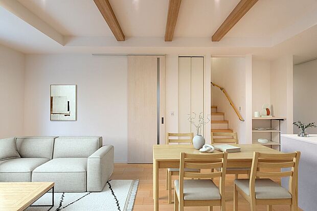 ■1号地リビングリビング・ダイニング・キッチンがひと続きの間取りで、家族のつながりを感じやすい設計。生活動線もスムーズで毎日の暮らしが快適です。※CG合成にて家具を設置