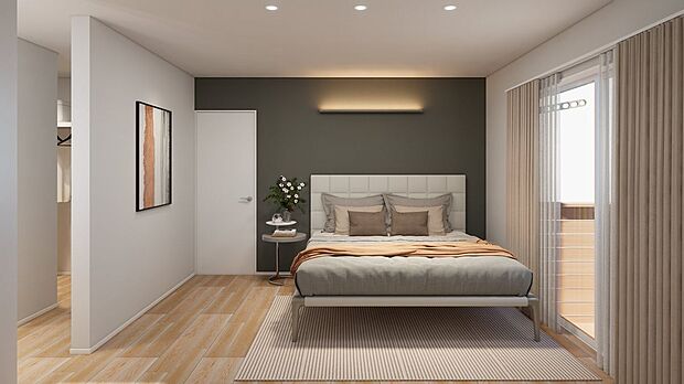 ■2号地主寝室(パース) 約9.3帖の主寝室(ワークスペース含む)は、ベッドを置いてもゆとりがある広さです。グレーのアクセントクロスに、柔らかい間接照明が素敵な空間を演出してくれます。