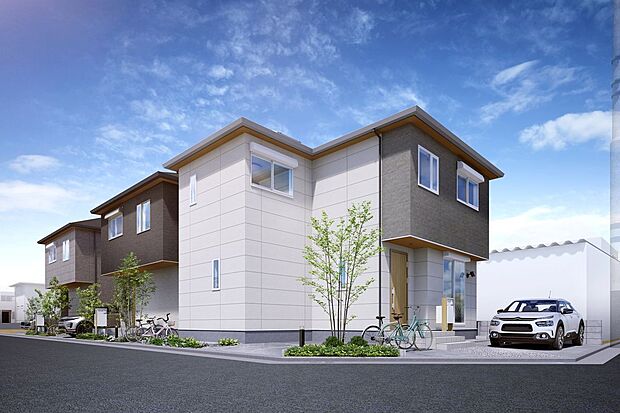 【外観パース図】■1・2・3号地外観(パース) 全3棟の完成予想イメージです。外壁は、セルフクリーニング機能のある壁材を使用し、きれいが長続きします。