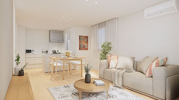 【完成予想図(内観)】■1号地リビング(パース) 1号地のLDKは約16.7帖。ダウンライトを採用することで、天井が高く見え、空間全体が広く感じられ、洗練された空間を演出しています。