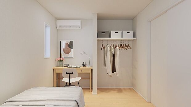 【完成予想図(内観)】■1号地洋室2(パース) 2階の洋室は約5.5帖あります。窓が高い位置に設置してあるため家具の配置の自由度が高いお部屋です。