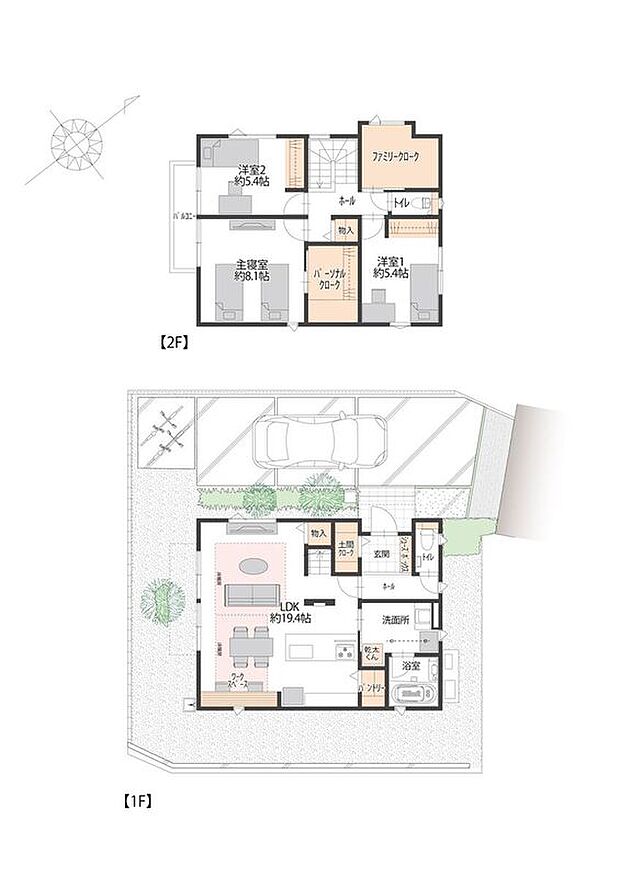 【3LDK】■3号地間取図　
3号地は1階にリビングと水回り、2階に洋室3部屋のある3LDK。2階約8.1帖の主寝室には、パーソナルクロークがございます。ご家族の荷物や衣類を一括管理できるので便利です。