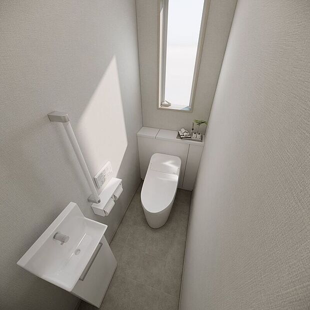 【完成予想図(内観)】■6号地1階トイレ(パース) 1階トイレはスタイリッシュな空間になっています。独立した手洗いも設置されており、トイレ使用後はすぐに手を洗うことができるため、衛生的にも安心です。