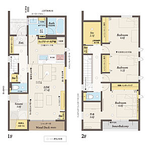 小上がりの畳コーナーをそなえたLDK。キッチン奥にユーティリティをまとめた間取です。1F２Fの各所に収納スペースを確保。主寝室にはリモートワークにもピッタリな書斎空間があります 