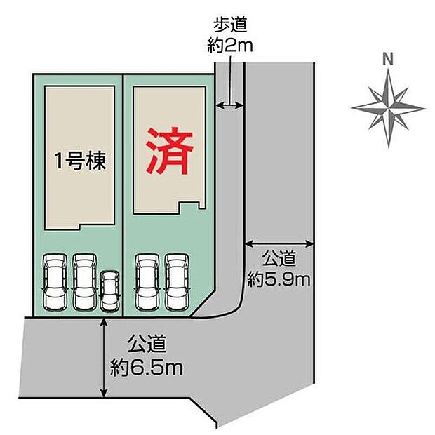 【全体区画図】駐車３台可能です♪
１号棟　３，８８０万円
２号棟　ご成約済み