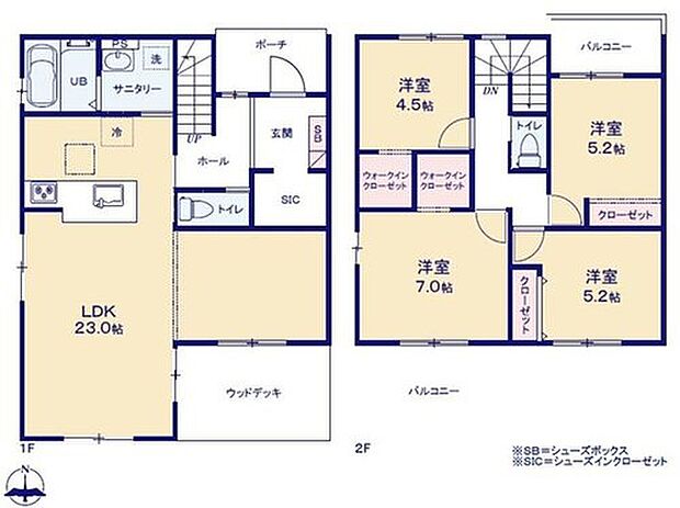 【4LDK】対面式キッチン仕様の約２３帖リビング♪
２階４部屋あり、使用用途多数♪
WICやＳＩＣがあり、各居室に収納スペース充実♪
陽当り良好な北と南の２面バルコニー♪
リビング横にウッドデッキ付き♪