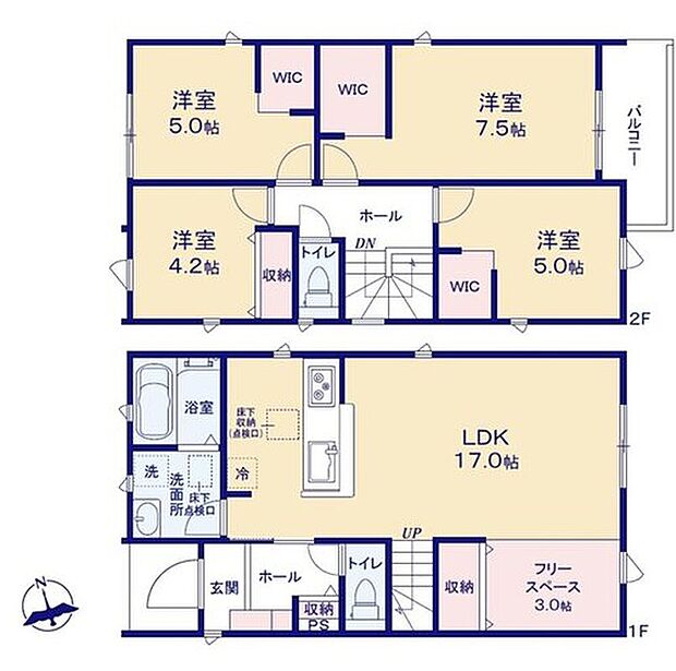 【4LDK】対面式キッチン仕様の約１７帖リビング♪
テレワークや趣味のスペースにも便利なフリースペース付き♪
WICがあり、各所・各居室にクローゼット付き収納豊富♪
奥行を広めにとったバルコニー！