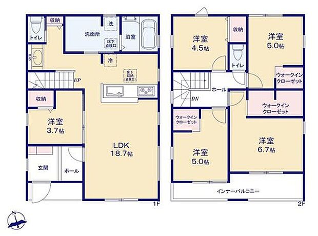 【5LDK】南向きの広々とした約１８．７帖リビング♪
LDKと約３．７帖の洋室を一体できる人気の間取り♪
WICがついて、各所にも収納充実♪
雨の日も安心のインナーバルコニー仕様♪
