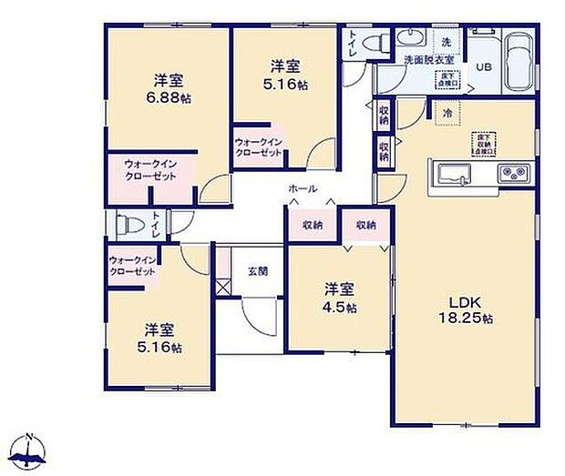 【4LDK】人気の平屋建て♪
対面式キッチン仕様の約18.25帖リビング♪
居室4部屋あり、使用用途多数♪
LDKと洋室を一体できる人気の間取り♪
WICがあり、各所・各居室にも収納スペース完備♪