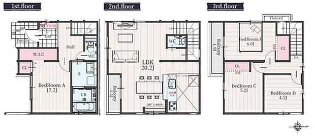 【4LDK】大空間約２０．２帖の南向きリビング♪
階数ごとに生活空間が分けられる３階建て住宅♪
大きな荷物も収納可能なウォークインクローゼット付き♪
南側バルコニーは広々２面ございます！