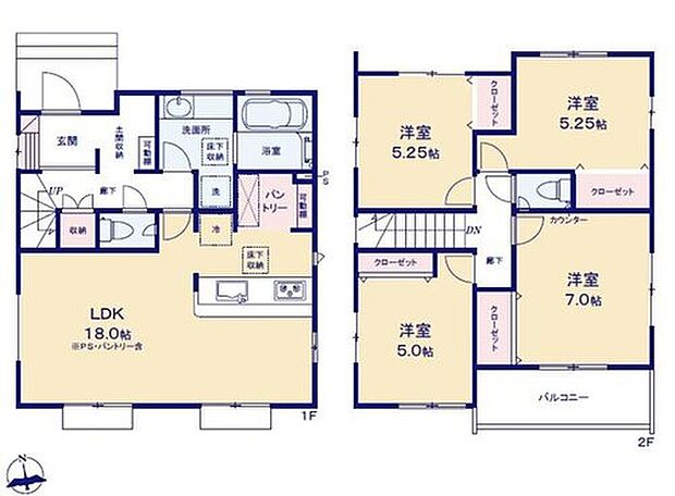 【4LDK】折上天井仕様の南向き約１８帖リビング♪
２階４部屋あり、お子様ひとりひとりにお部屋を与えられます♪
パントリーや土間収納があり、各居室にも収納スペース充実♪
日当たり良好な南側バルコニー♪