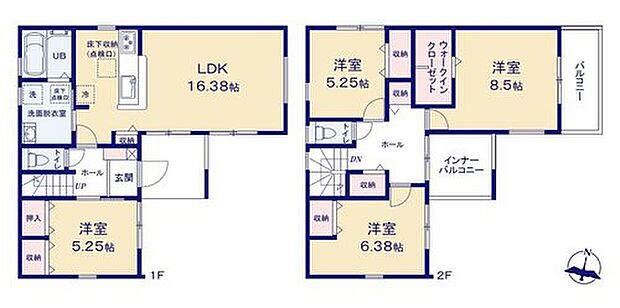 【4LDK】対面式キッチン仕様で南向きの約１６．３８帖リビング♪
１階の洋室は客間としても最適です♪
大きな荷物も収納可能なウォークインクローゼット付き♪
日当たり良好な南側インナーバルコニー♪