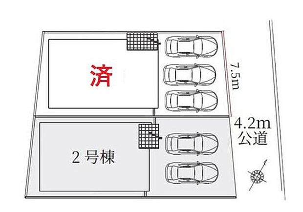 【全体区画図】１号棟　ご成約済
２号棟　３，４９９万円