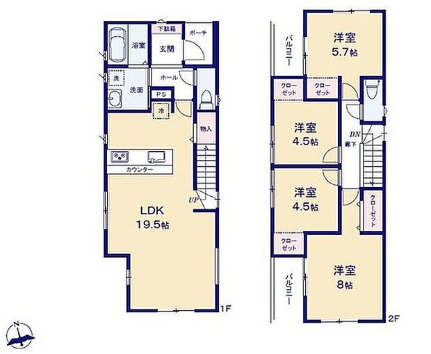 【4LDK】対面式キッチン仕様の約19.5帖リビング♪
居室4部屋あり、使用用途多数♪
各所・各居室に収納スペース充実♪
北側と南側の2面バルコニー♪