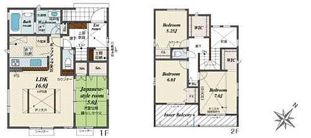 【4LDK】オシャレな折上天井仕様の南向き約16帖リビング♪
リビングに隣接したホッと落ち着く約5.0帖の和室♪
WICがあり、各居室に収納スペース充実♪
2部屋から出入りできる南東側インナーバルコニー♪