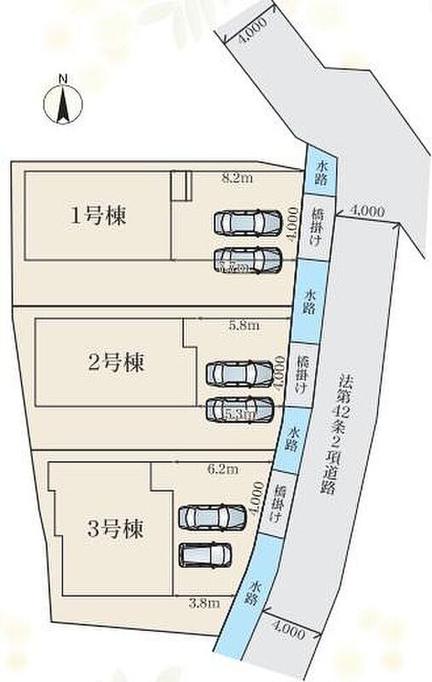 【全体区画図】１号棟　３，７９０万円
２号棟　３，６９０万円
３号棟　３，４９０万円