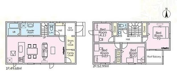 【4LDK】南向きで対面式キッチン仕様の約１７帖リビング♪
居室４部屋あり、使用用途多数♪
FCLやSICがあり、各居室にも収納豊富♪
奥行を広めに取った南側ルーフバルコニー♪