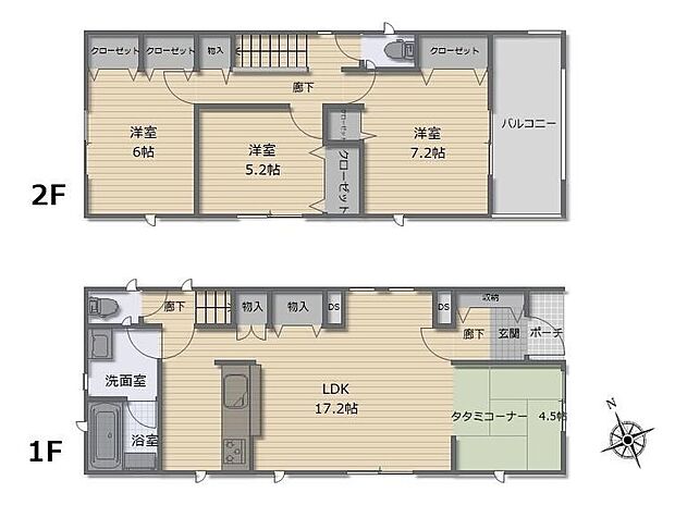【3LDK】対面式キッチン仕様の約１７．２帖リビング♪リビングに隣接したホッと落ち着く約４．５帖の畳コーナー♪各所・各居室に収納スペース完備♪日当たり良好な東側バルコニー♪