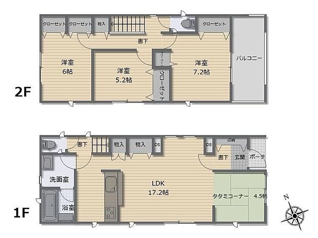 【3LDK】対面式キッチン仕様の約１７．２帖リビング♪リビングに隣接したホッと落ち着く約４．５帖の畳コーナー♪各所・各居室に収納スペース完備♪日当たり良好な東側バルコニー♪