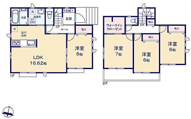 【4LDK】対面式キッチン仕様の南向き約１６．６２帖リビング♪LDKと洋室を一体できる人気の間取り♪WICがあり、各居室に収納スペース完備♪日当たり良好な南側バルコニー♪