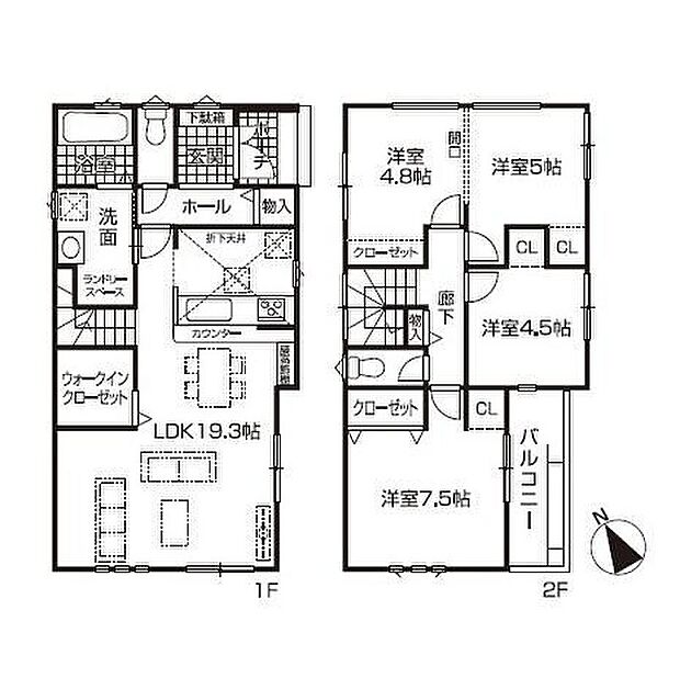 【4LDK】洗面室にはランドリースペースを備え、干す作業をラクに行えます◎
雨の日の部屋干しにも便利♪
LDKにはWICを備え、帰宅後にアウターやお荷物で散らかるのを防ぎます。