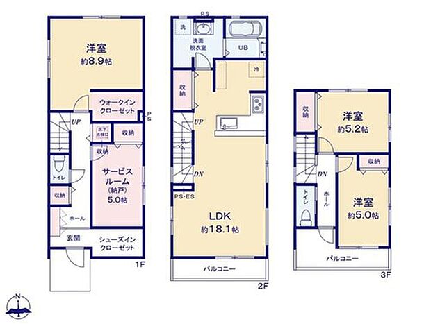 【3LDK+S】18帖超の開放的な2階リビングは嬉しいパントリー付き♪
食洗機付き対面式キッチンでは会話を楽しみながら手早くお片付けが完了♪
SICやWIC、納戸があり収納豊富♪
陽光あふれる南向きバルコニーが2階と3階に♪