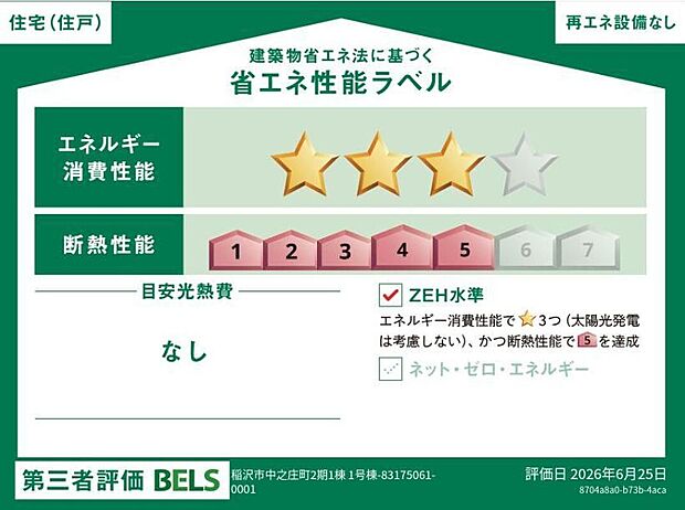 【省エネ性能ラベル】こちらの物件はZEH水準を満たした、省エネ性能に優れた物件です。　光熱費を抑えて暮らすことができるだけでなく、「熱の入りにくさ・逃げにくさ」という観点でも影響を受けにくい建物のため、長く快適にお過ごしいただけます♪