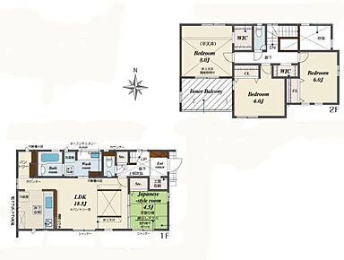 18.5帖のLDKは南向きで明るく採光良好☆お子様の遊び部屋から書斎など用途自在な和室付き☆2箇所のWICでお部屋がスッキリ片付きます◎広々インナーバルコニーでお洗濯も快適！ 