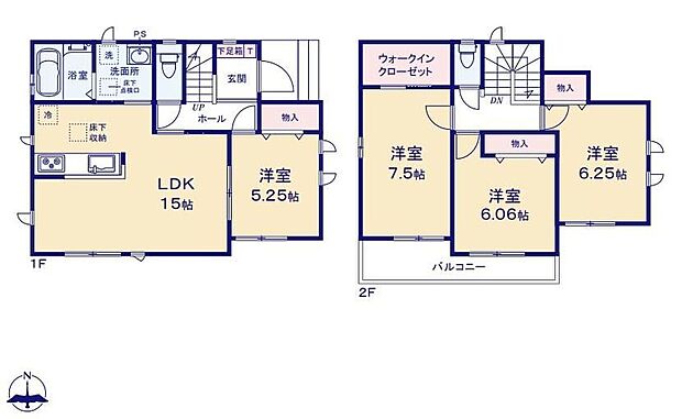 【4LDK】対面式キッチン仕様の約１５帖リビング♪LDKと洋室を一体できる人気の間取り♪WICがあり、各居室に収納スペース完備♪２部屋から出入りできる便利な南側バルコニー♪