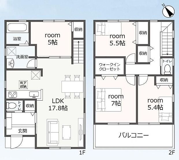 【4LDK】ご家族の会話が自然に生まれるリビングイン階段を採用☆2部屋から行き来出来る、奥行たっぷりのルーフバルコニーは洗濯物や布団もたくさん干せます♪