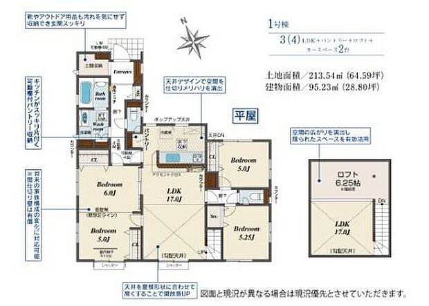 (１号棟)、価格3580万円、3LDK、土地面積213.54m2、建物面積95.23m2

