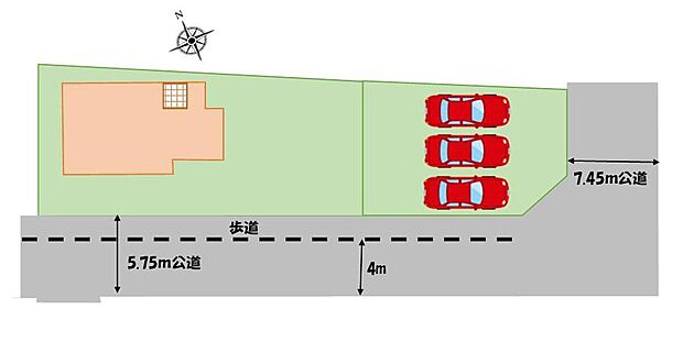 敷地面積１００坪超♪
並列駐車３台可！
お客様がいらしても安心ですね♪
前面道路も広いので駐車もらくらく♪