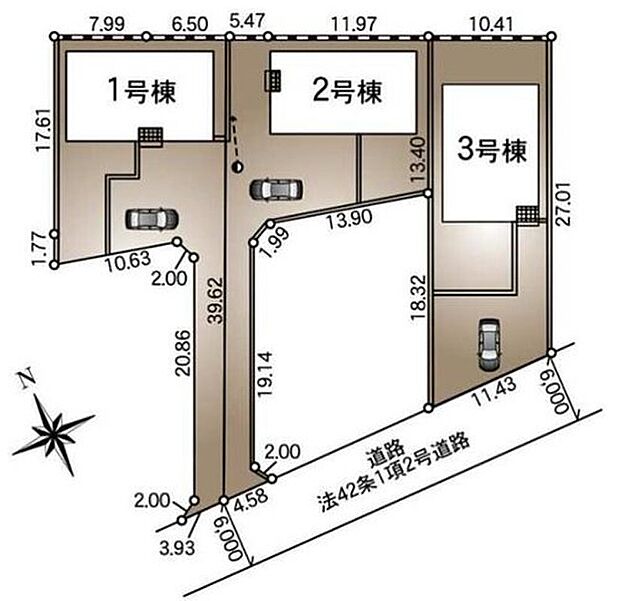 【区画図】
敷地面積92坪以上の全3棟！人気の平屋プラン♪
カースペース＆お庭付き☆ゆとりある敷地配置で陽当良好◎開放感ある街並みです♪周辺は交通量の少ない生活道路なので小さなお子様がいても安心です！