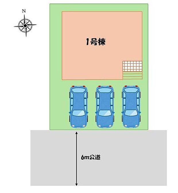 前道が6ｍ以上あるので、車庫入れが苦手な方でも安心して入れられます。カースペース3台分ございますので、家族分の自転車を駐輪したり、来客用の駐車スペースとしてもお使いいただけます。